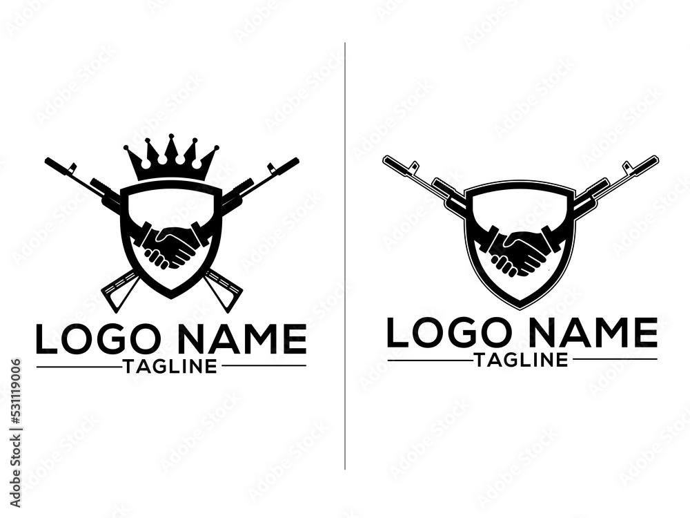 Gun logo design with black and white background. Partnership weapon