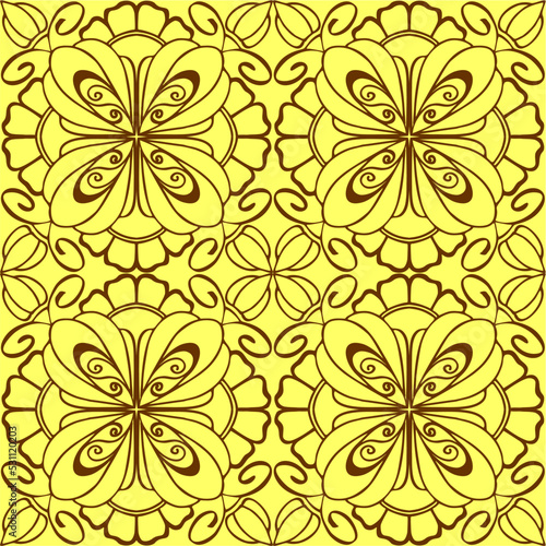 seamless graphic pattern  floral brown tile ornament on yellow background  texture  design