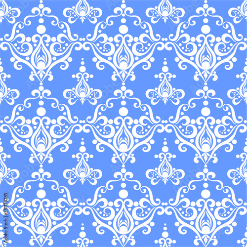 symmetrical seamless ornament tile of white graphic abstract elements on a blue background, texture, design