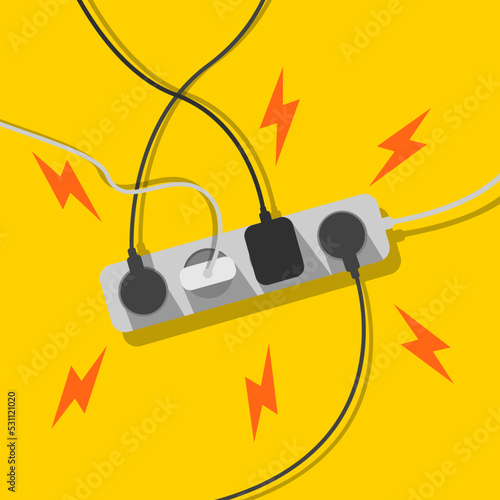 Short circuit. Electric overload. Power strip. Cable management. A mess of cables from extension cord, electrical wires, cords and chargers on a yellow background. Vector illustration.