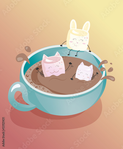 Marshmallow in a cup of cocoa. Coffee, tea, cocoa. Cute kawaii marshmallows cat and bunny.