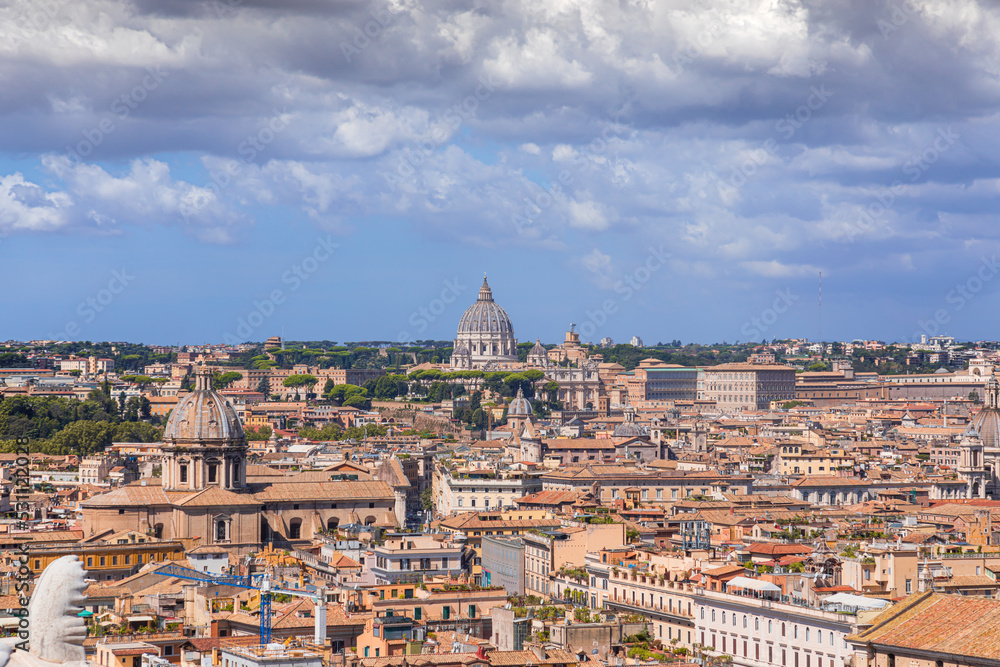 Rome skyline: on background Saint Peter's Basilica in Italy.