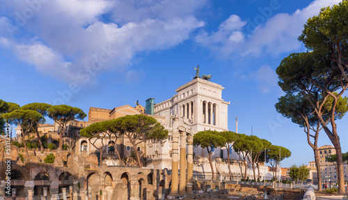 Urban view of Roman Forum and Altare della Patria in historic center of ancient Rome.