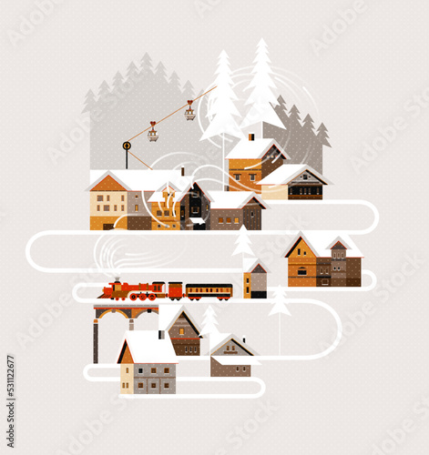 New year and Christmas snowy winter landscape with coniferous forest, pines, cottages, train and cable car. Flat vector illustration for poster, banner, card, postcard, event icon logo or badge.