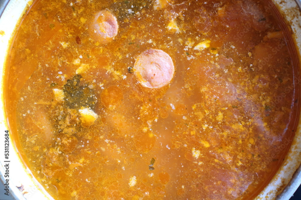 solyanka soup in a saucepan top view solyanka soup in a saucepan top view