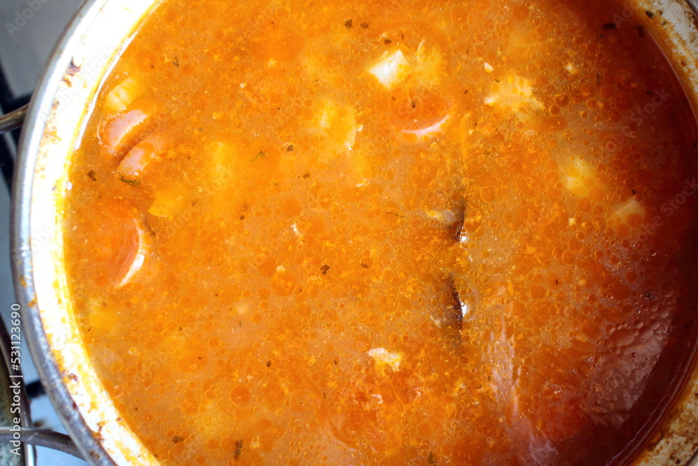 solyanka soup in a saucepan top view solyanka soup in a saucepan top view