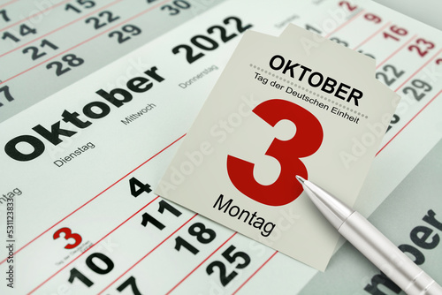 Tag der Deutschen Einheit mit Kalender 3. Oktober 2022 photo