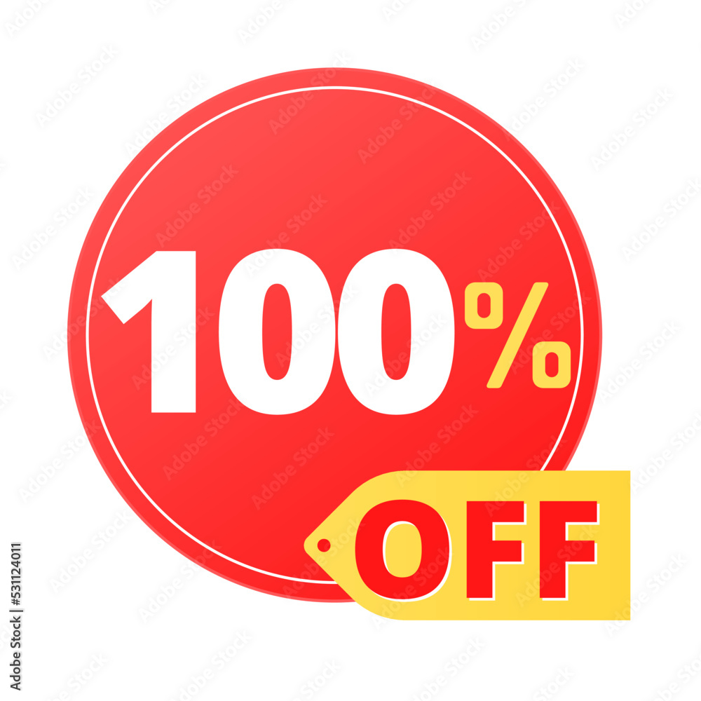 100% off limited special offer. Discount banner in red and yellow circular balloon, super discount. Hundred 100% off limited special offer. Discount banner in red and yellow circular balloon, super discount. Hundred