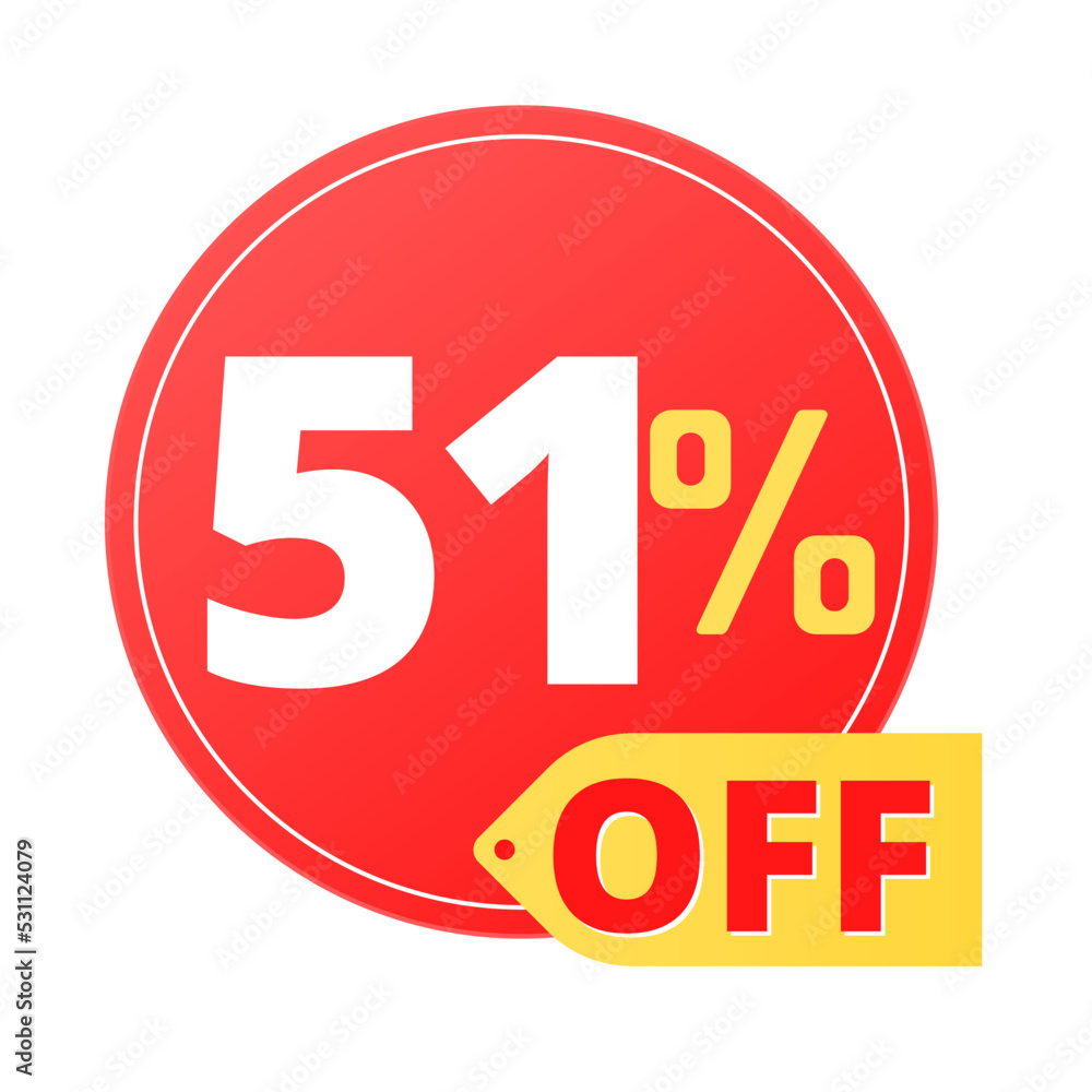 51% off limited special offer. Discount banner in red and yellow circular balloon, super discount. Fifty-one 51% off limited special offer. Discount banner in red and yellow circular balloon, super discount. Fifty-one