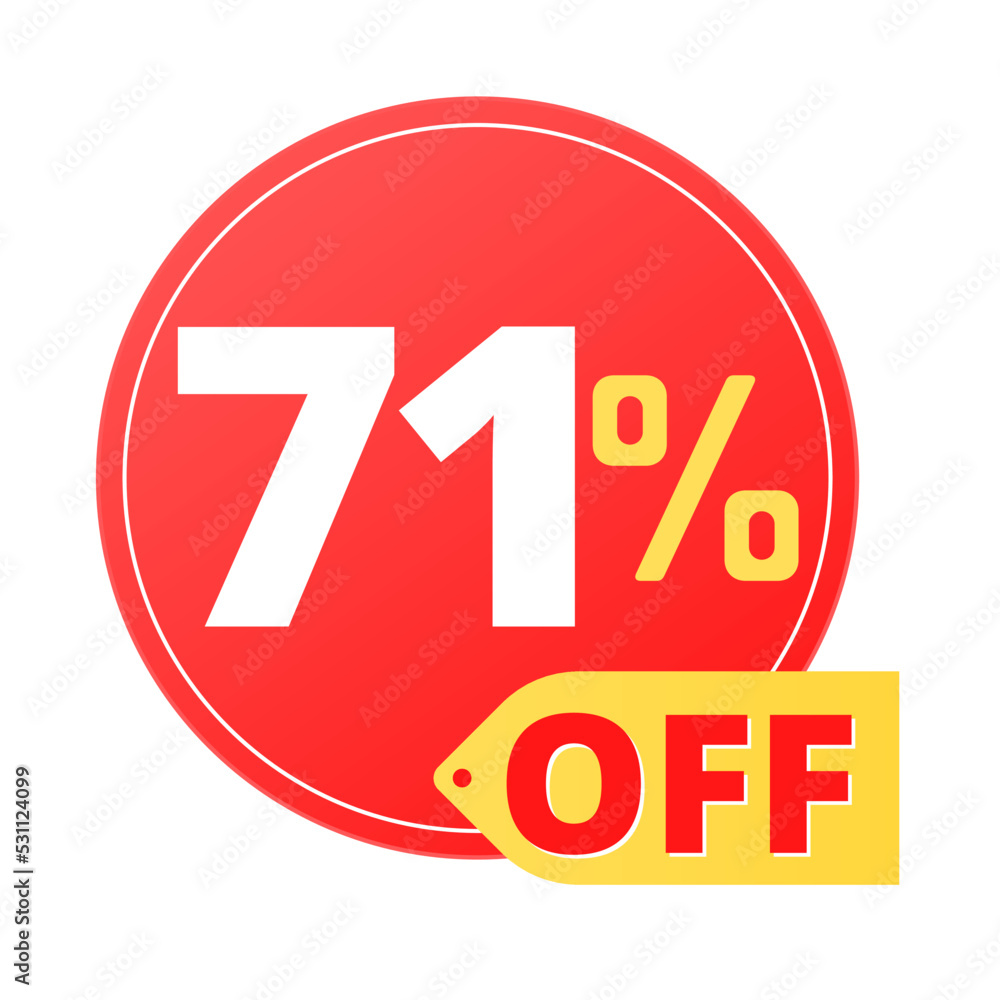 71% off limited special offer. Discount banner in red and yellow circular balloon, super discount. Seventy-one 71% off limited special offer. Discount banner in red and yellow circular balloon, super discount. Seventy-one