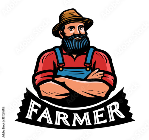 Cute bearded farmer in a hat emblem or logo. Agriculture, organic farm badge. Cartoon character vector illustration