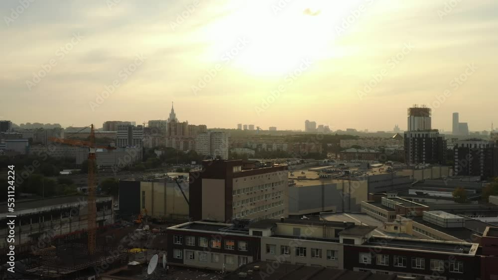 Establishing shot on the morning city of Moscow in smog at Sunrise. Aerial view of the business district of Moscow in smog at sunset Establishing shot on the morning city of Moscow in smog at Sunrise. Aerial view of the business district of Moscow in smog at sunset