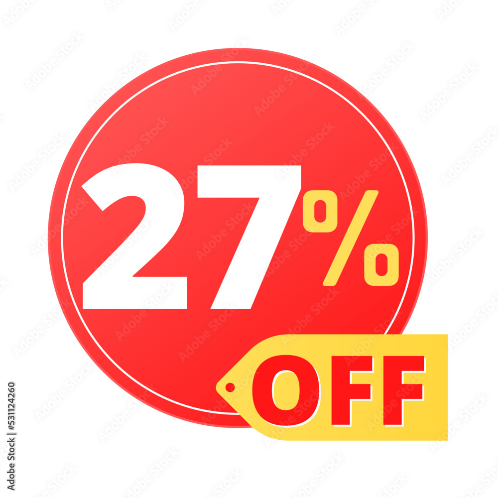 27% off limited special offer. Discount banner in red and yellow circular balloon, super discount. Twenty-seven 27% off limited special offer. Discount banner in red and yellow circular balloon, super discount. Twenty-seven