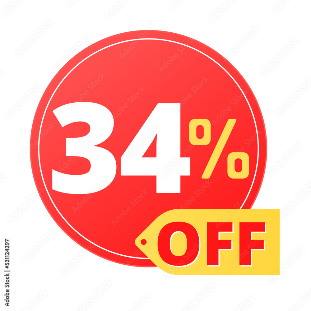 34% off limited special offer. Discount banner in red and yellow circular balloon, super discount. Thirty four 34% off limited special offer. Discount banner in red and yellow circular balloon, super discount. Thirty four