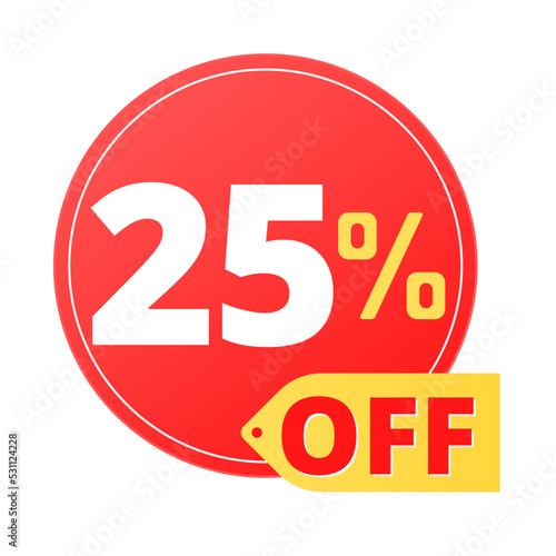 25% off limited special offer. Discount banner in red and yellow circular balloon, super discount. Twenty-five 