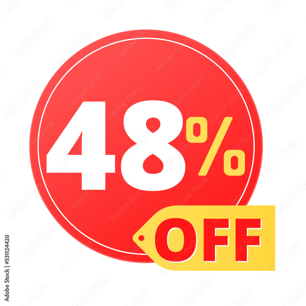 48% off limited special offer. Discount banner in red and yellow circular balloon, super discount. Forty-eight 48% off limited special offer. Discount banner in red and yellow circular balloon, super discount. Forty-eight
