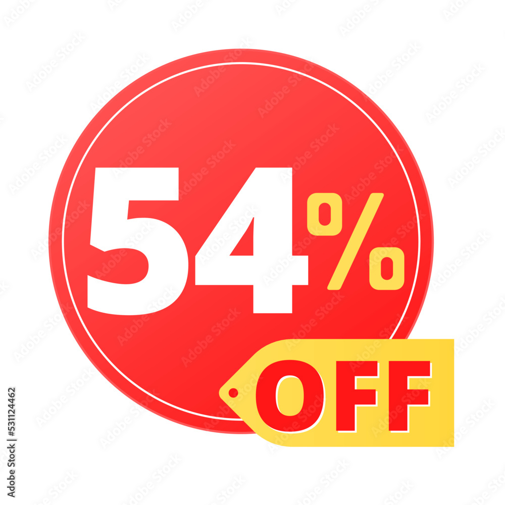54% off limited special offer. Discount banner in red and yellow circular balloon, super discount. Fifty-four 54% off limited special offer. Discount banner in red and yellow circular balloon, super discount. Fifty-four