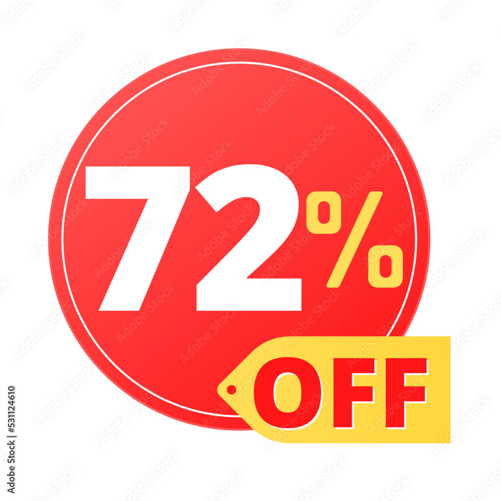 72% off limited special offer. Discount banner in red and yellow circular balloon, super discount. Seventy two 72% off limited special offer. Discount banner in red and yellow circular balloon, super discount. Seventy two
