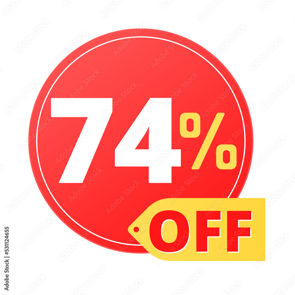 74% off limited special offer. Discount banner in red and yellow circular balloon, super discount. Seventy-four 74% off limited special offer. Discount banner in red and yellow circular balloon, super discount. Seventy-four