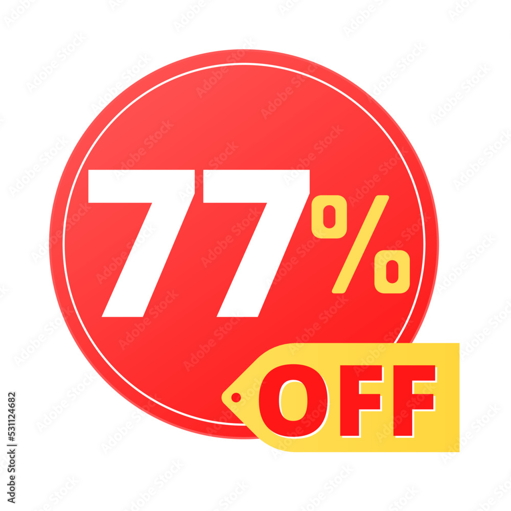 77% off limited special offer. Discount banner in red and yellow circular balloon, super discount. Seventy seven 77% off limited special offer. Discount banner in red and yellow circular balloon, super discount. Seventy seven