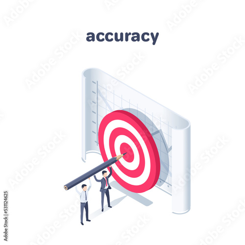 isometric vector illustration on a white background, accuracy and success, people in business clothes put a pencil in the center of the target on a sheet of paper