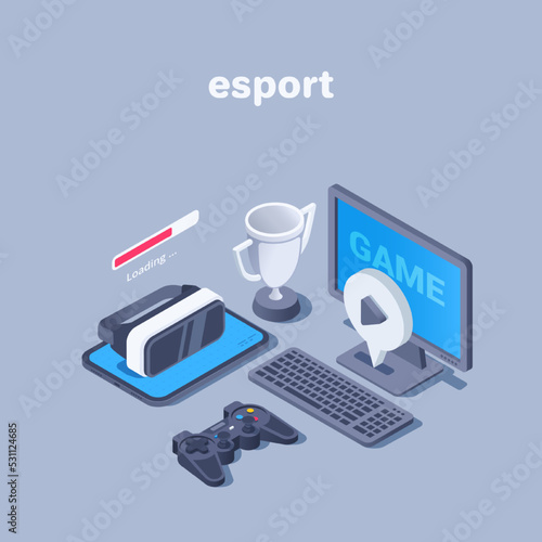 isometric vector illustration on a gray background, a computer with the word game on the screen and a tablet with virtual reality glasses, esports or virtual gaming championship