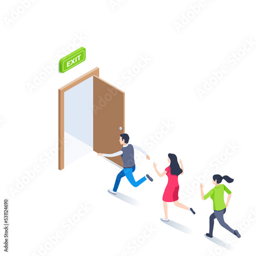isometric vector illustration on a white background, an exit sign over an open door and people running there, evacuation or leaving the premises