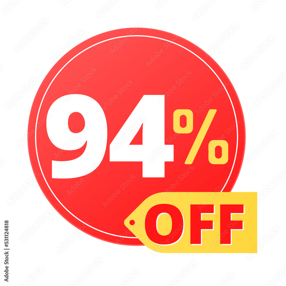 94% off limited special offer. Discount banner in red and yellow circular balloon, super discount. Ninety-four 94% off limited special offer. Discount banner in red and yellow circular balloon, super discount. Ninety-four