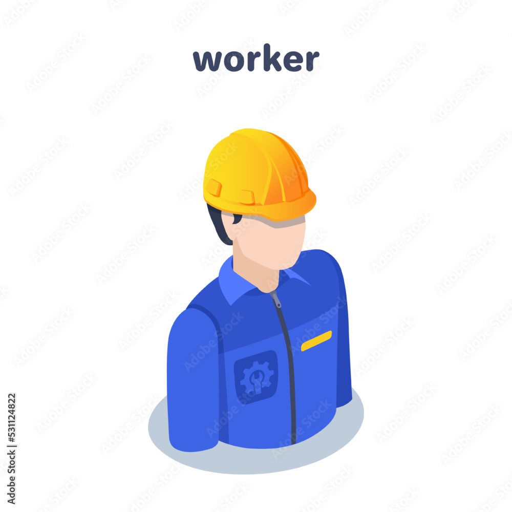 isometric vector illustration on a white background, icon of a man in work clothes and a protective helmet, worker or builder isometric vector illustration on a white background, icon of a man in work clothes and a protective helmet, worker or builder