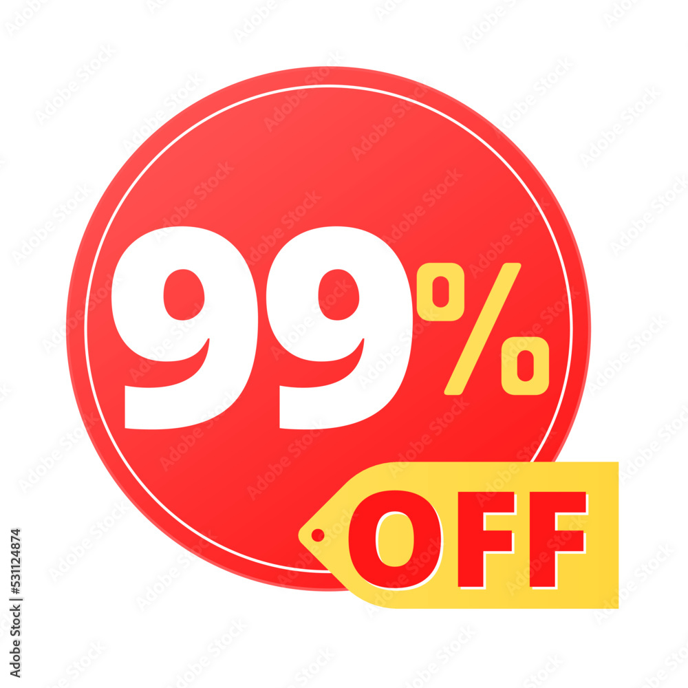 99% off limited special offer. Discount banner in red and yellow circular balloon, super discount. Ninety-nine 99% off limited special offer. Discount banner in red and yellow circular balloon, super discount. Ninety-nine