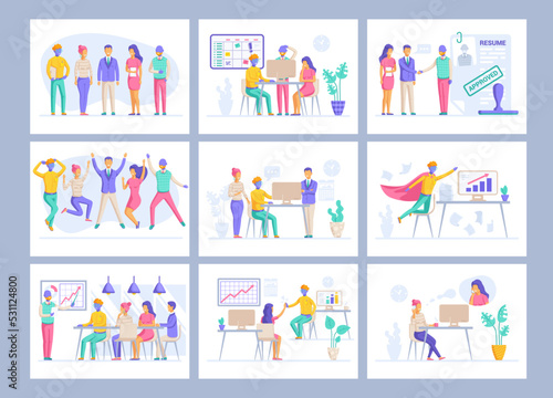 flat vector illustration on a white background, a set of pictures on the topic of teamwork, characters in business clothes in the office
