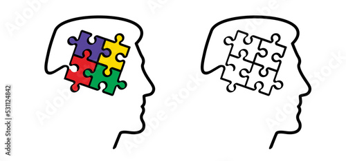 Head, face and jigsaw puzzle pieces. Cartoon autism ribbon. Vector world awareness day. Autism spectrum disorder (ASD) is a neurological and developmental disorder with social skills.