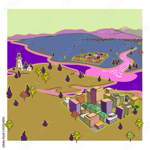 coastal city panorama with lighthouse