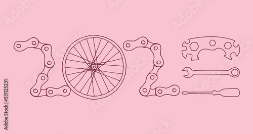 2023 Bicycle Happy New Year vector card illustration on pink background