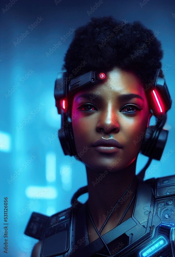 A realistic portrait of a ebony girl wearing a cyberpunk headset and ...