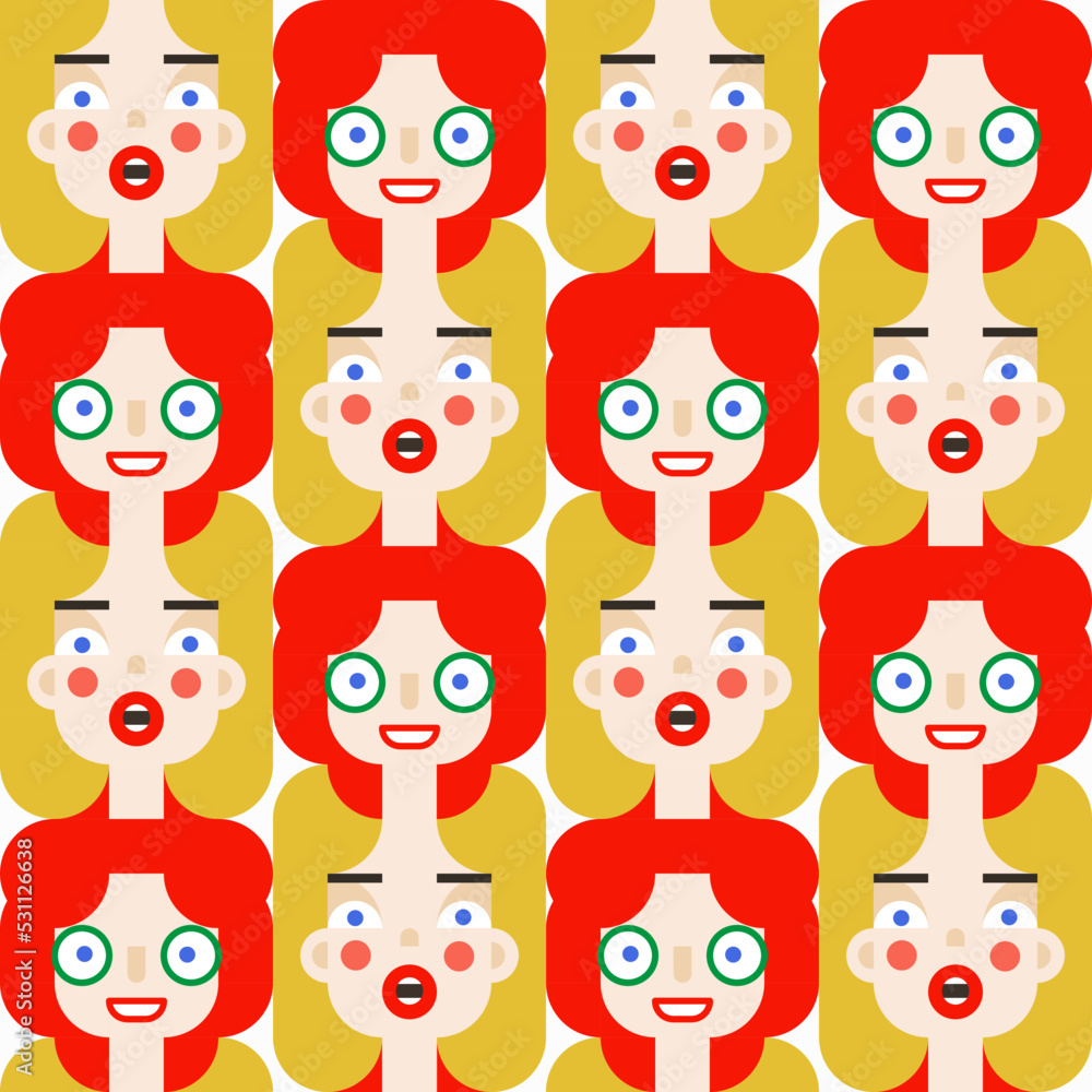 Seamless bauhaus vector bright pattern with female lady smiling faces with red and yellow hair. Striped manycolored background for textile and wrapping or gift holiday paper Seamless bauhaus vector bright pattern with female lady smiling faces with red and yellow hair. Striped manycolored background for textile and wrapping or gift holiday paper