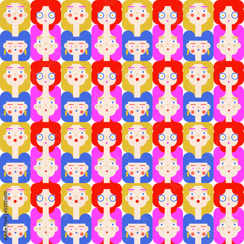 Fototapeta Naklejka Na Ścianę i Meble -  Seamless bauhaus vector bright pattern with female lady smiling faces with red and blue hair. Striped manycolored background for textile and wrapping or gift holiday paper