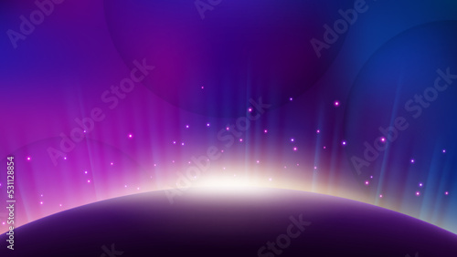 Violet Aurora Rising from Planet Horizon, Glowing Shine Background. Widescreen Vector Illustration