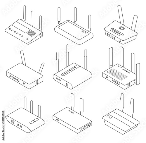 Wifi router vector isometric outline set icon. Isolated isometric set icon internet modem. Vector outline illustration wifi router on white background.