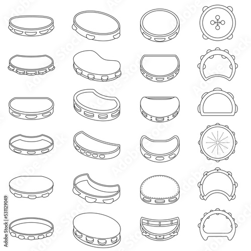 Tambourine vector outline icon set . Collection vector illustration timbrel on white background. Isolated outline illustration icon set of tambourine for web design.