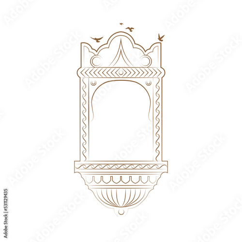 Jharokha vector illustration. Window architecture illustration. Jharokha with Birds illustration. Line art arch illustration. Flying Birds illustration. Rajasthani Jharokha vector. photo