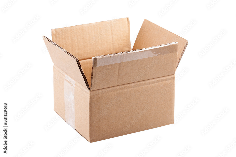 Simple one single brown open empty cardboard mystery box, carton parcel container opened, delivery pack, object isolated on white, cut out, nobody. Transportation, shipping symbol abstract concept Simple one single brown open empty cardboard mystery box, carton parcel container opened, delivery pack, object isolated on white, cut out, nobody. Transportation, shipping symbol abstract concept