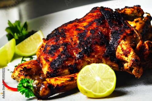 Closeup shot of tasty grilled chickem barbeque on the plate photo