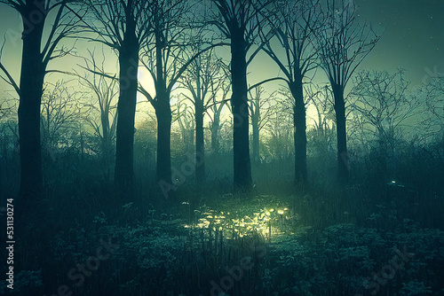 Fotografie, Obraz Skelton cathedral not cropped in a dark moonlit swamp Digital Art Illustration P