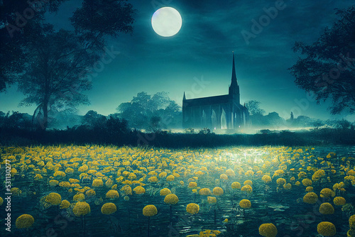 Fototapeta Skelton cathedral not cropped in a dark moonlit swamp Digital Art Illustration P