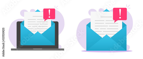 Spam attention caution email message notification icon vector or scam mail letter risk exclamation, important warning notice alert, fraud ransomware digital malware concept graphic illustrated image