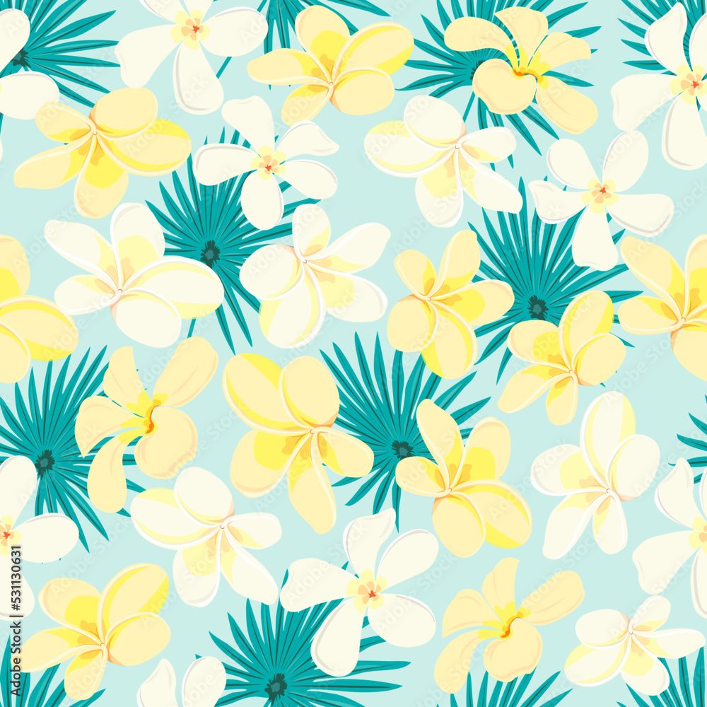 Seamless pattern with white and yellow plumeria flowers and palm leaves. On a pale blue background. Vector. Perfect for textiles, wrapping paper and various designs.