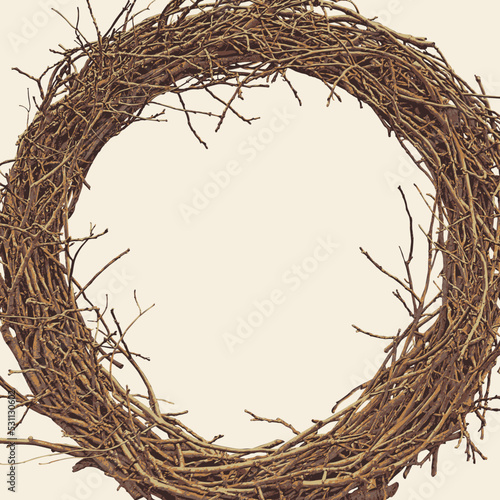Vector wreath of tree branches in retro style. Vector decorative illustration. Round frame made of wooden vines