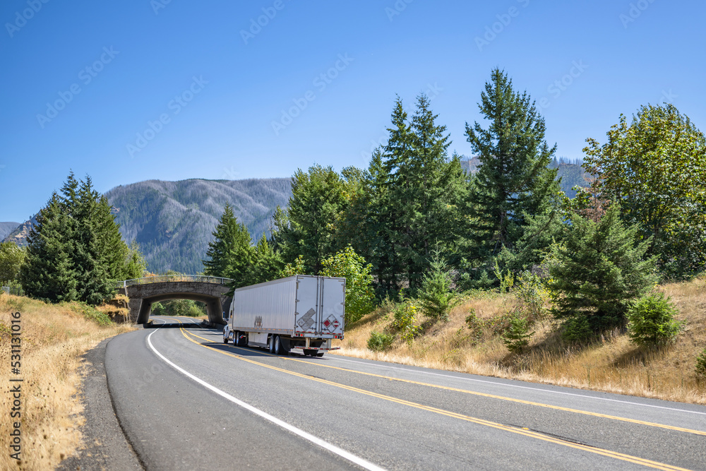 White big rig semi truck with dry van semi trailer running on the winding road with arched bridge across