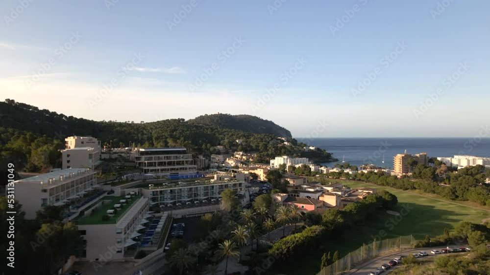 Drone flying over hotel in the mountains of Mallorca, Spain Drone flying over hotel in the mountains of Mallorca, Spain